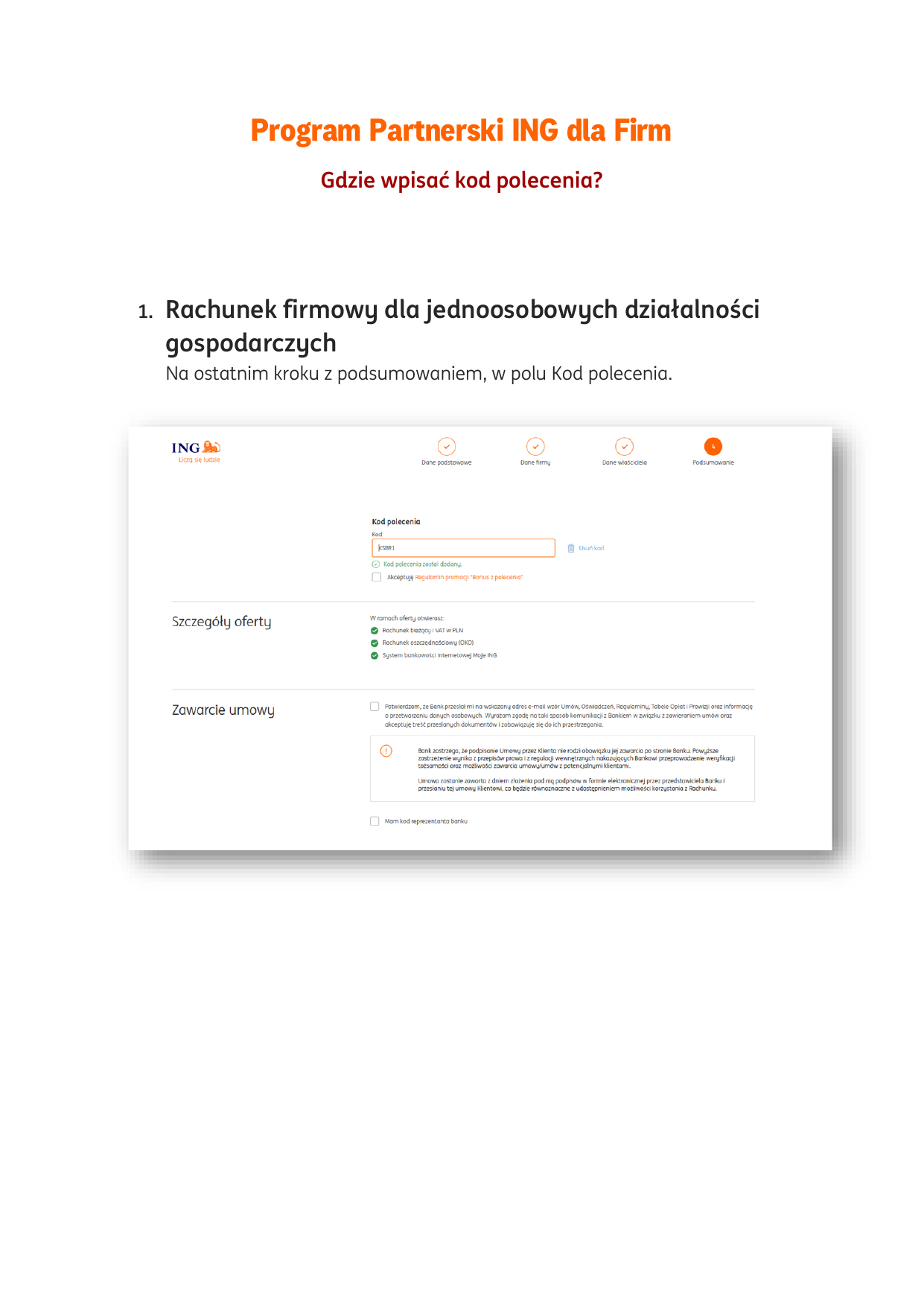 Krok Podsumowanie wniosku ING z polem Kod polecenia — zrzut z oficjalnego PDF Programu Partnerskiego ING